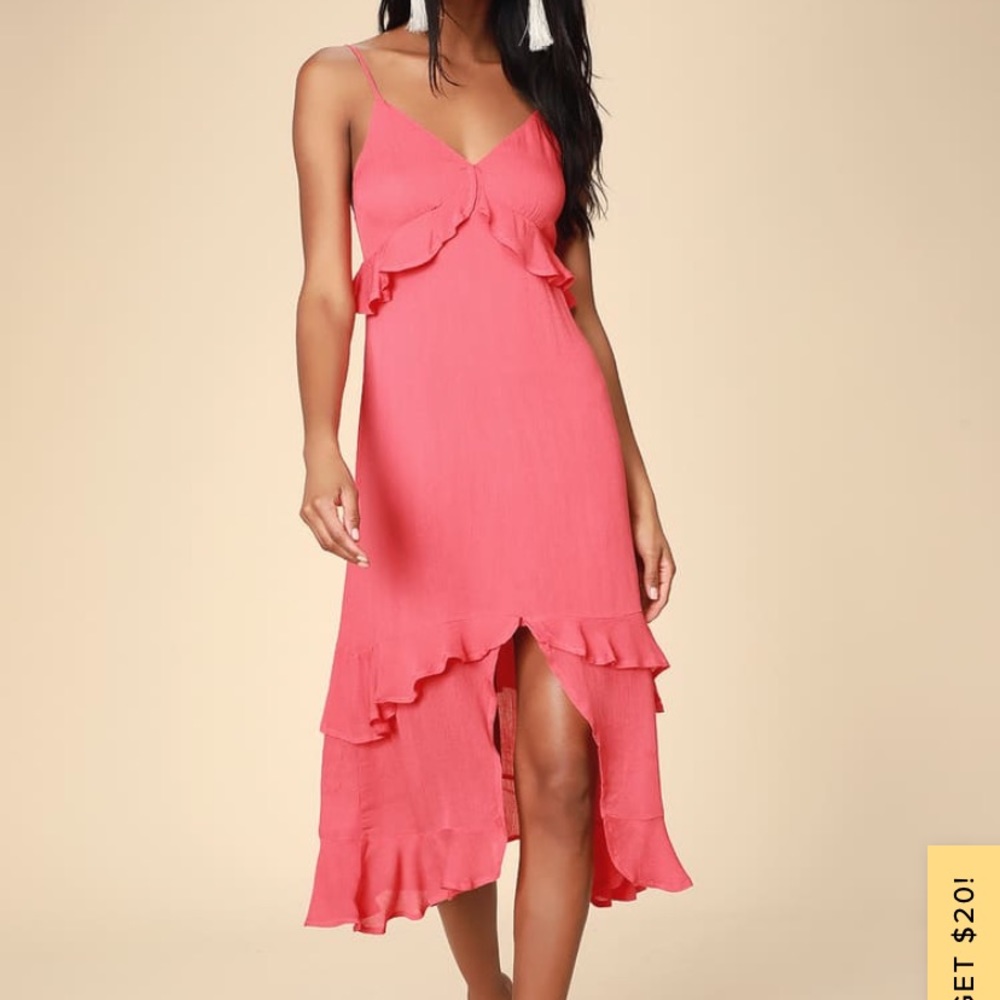 Island Time Coral Pink Ruffled Midi Dress in size Medium